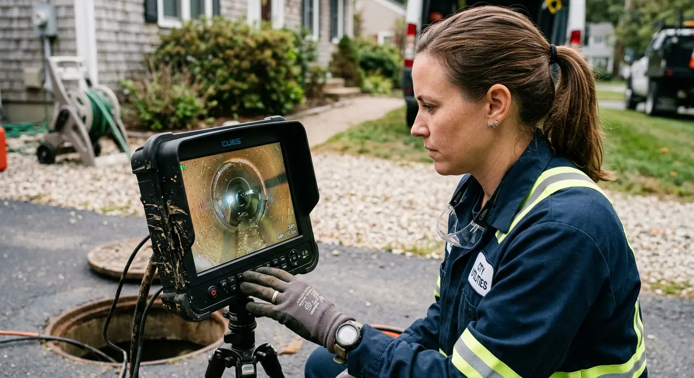 Technician reviewing sewer camera inspection footage in Birmingham