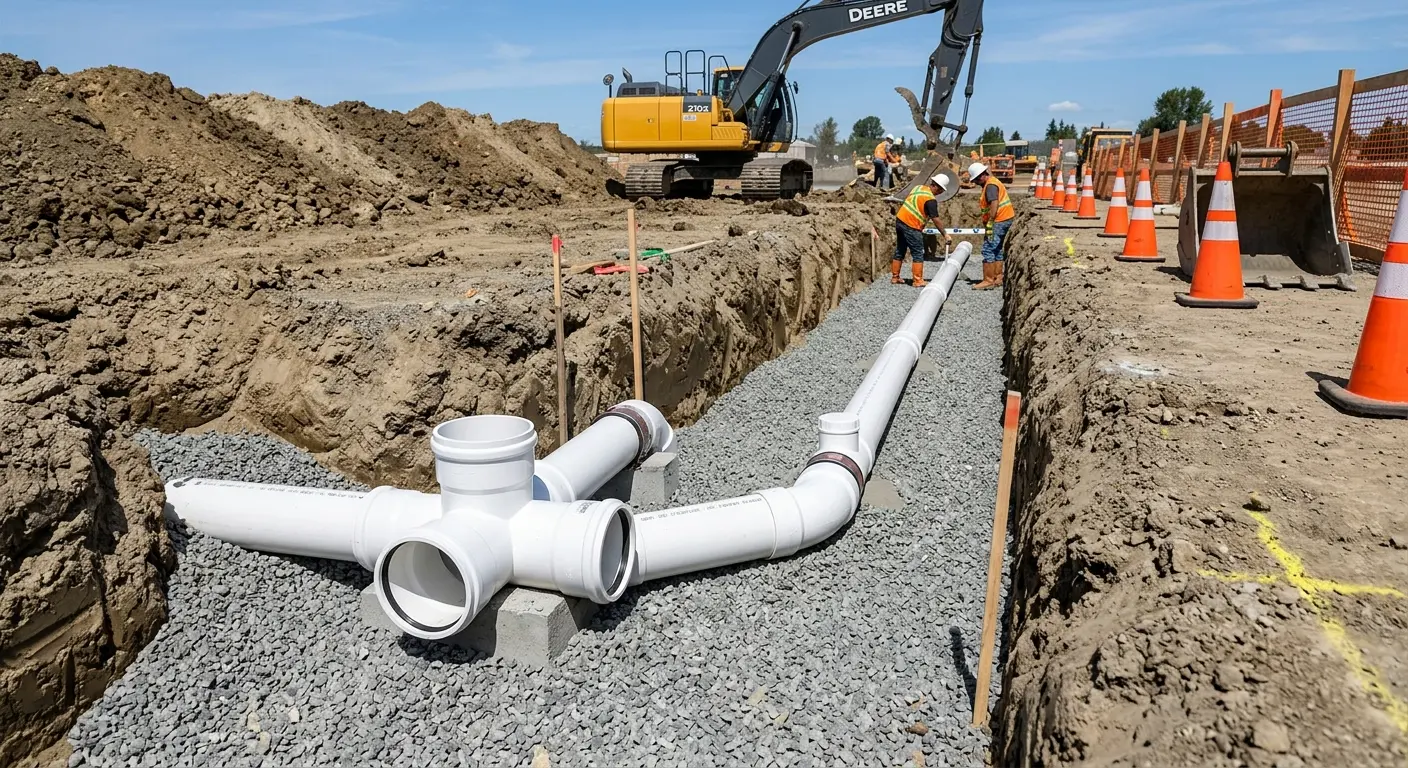 New PVC sewer pipe installation in open trench for Commercial Drain Cleaning in Birmingham