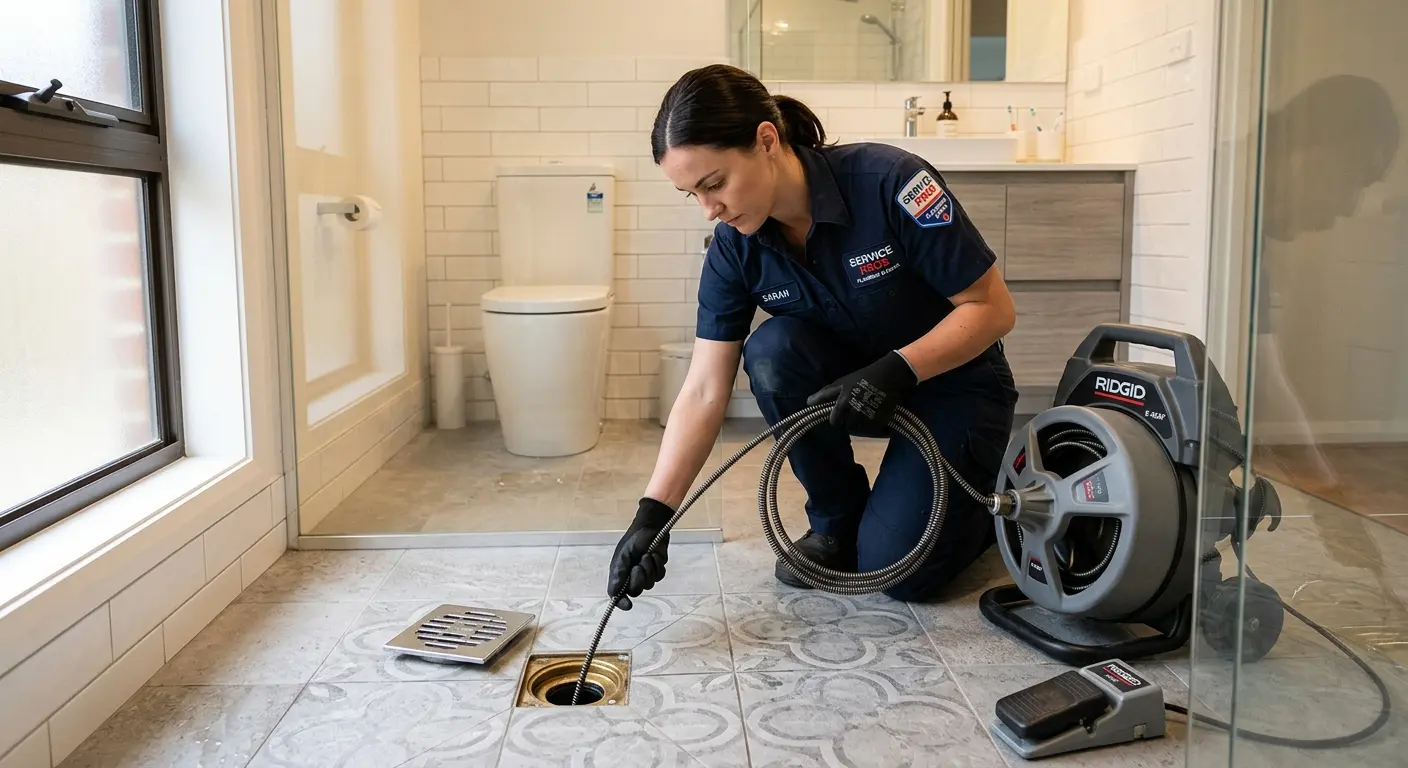Technician clearing a bathroom floor drain for Clogged Drain Repair in Birmingham